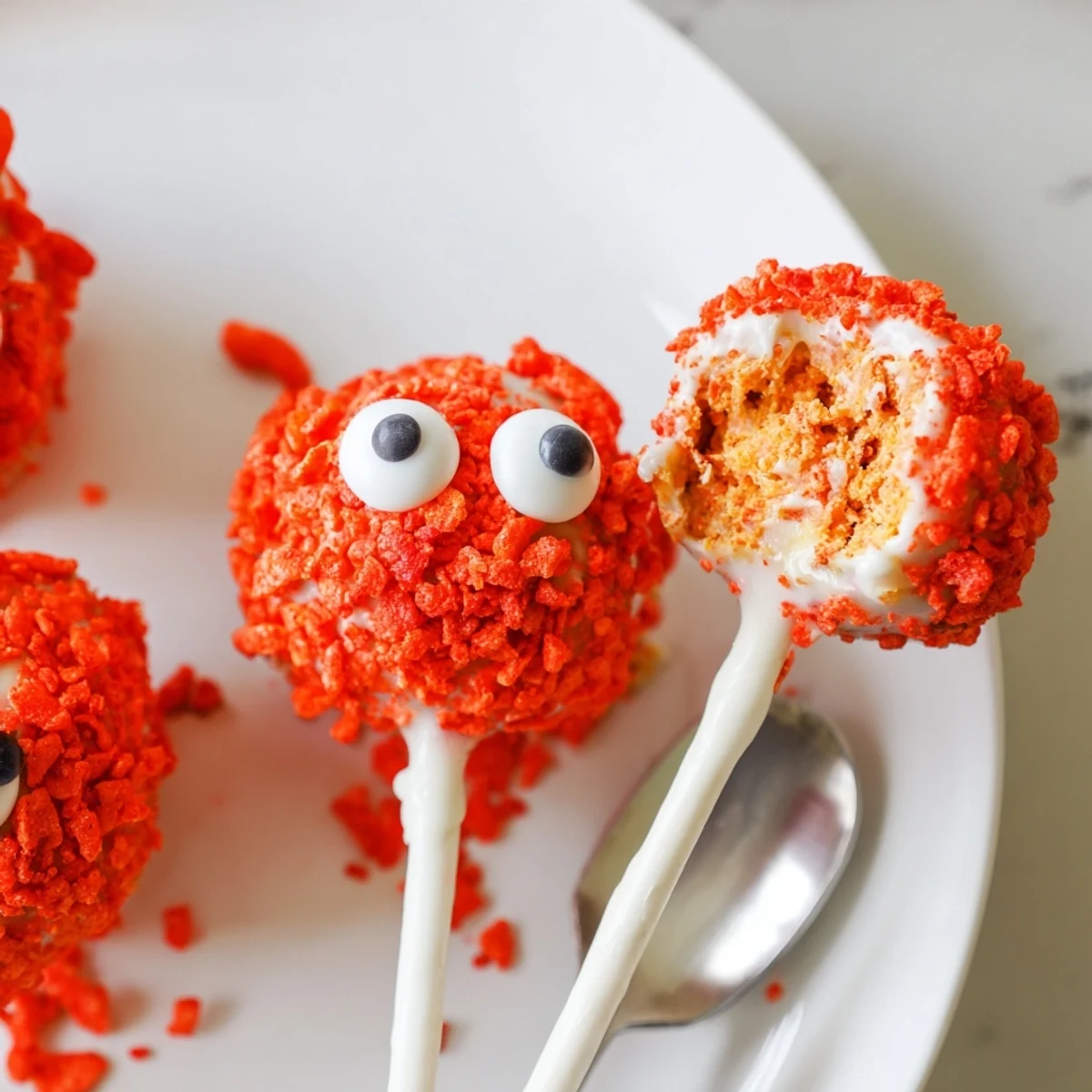 Deliciously bold Flamin Hot Dill Pickle Sweet Potato Monster Cake Pops perfect for party treats.