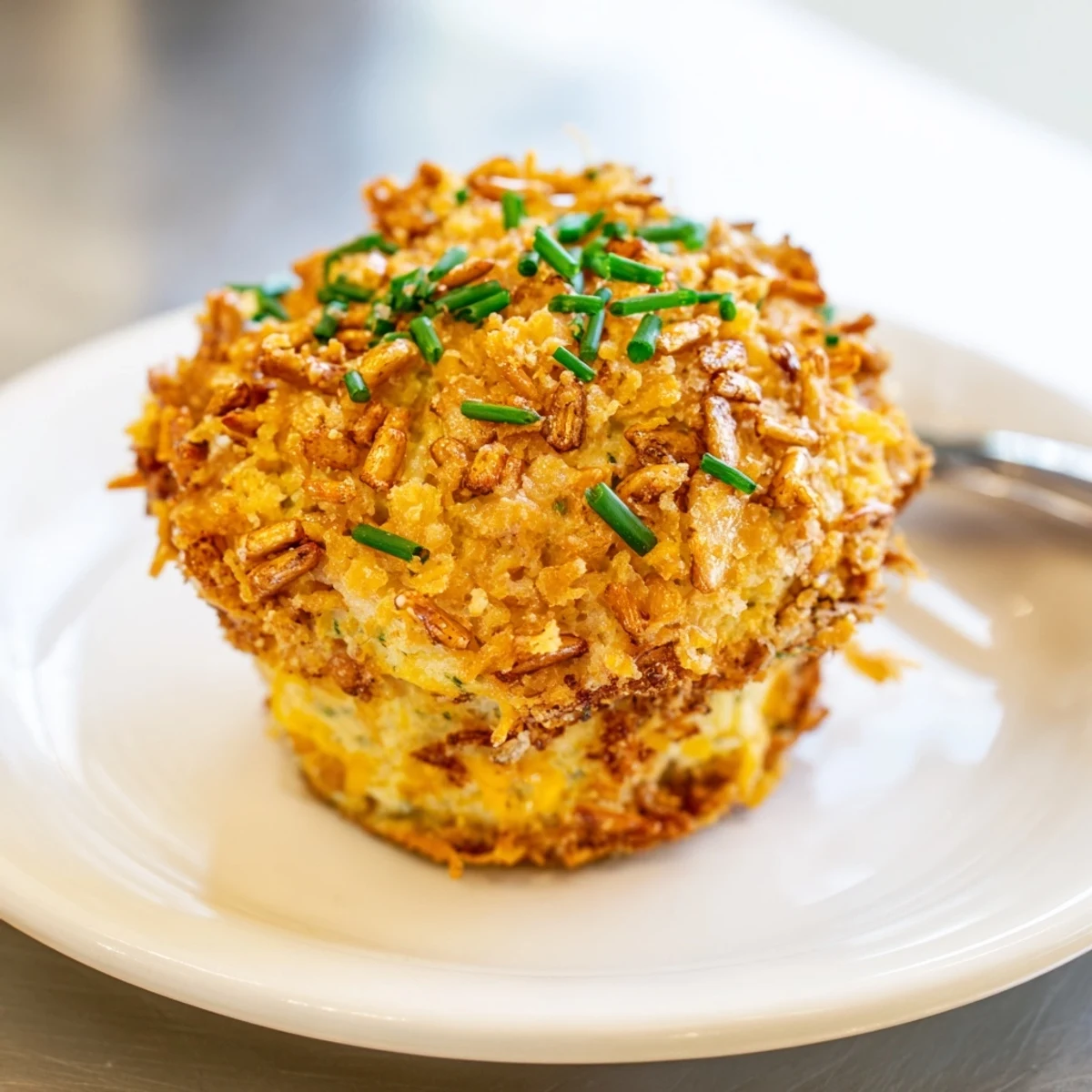 Savory Buffalo Ranch Cream Cheese Pretzel Muffins topped with crunchy pretzels and chives.  