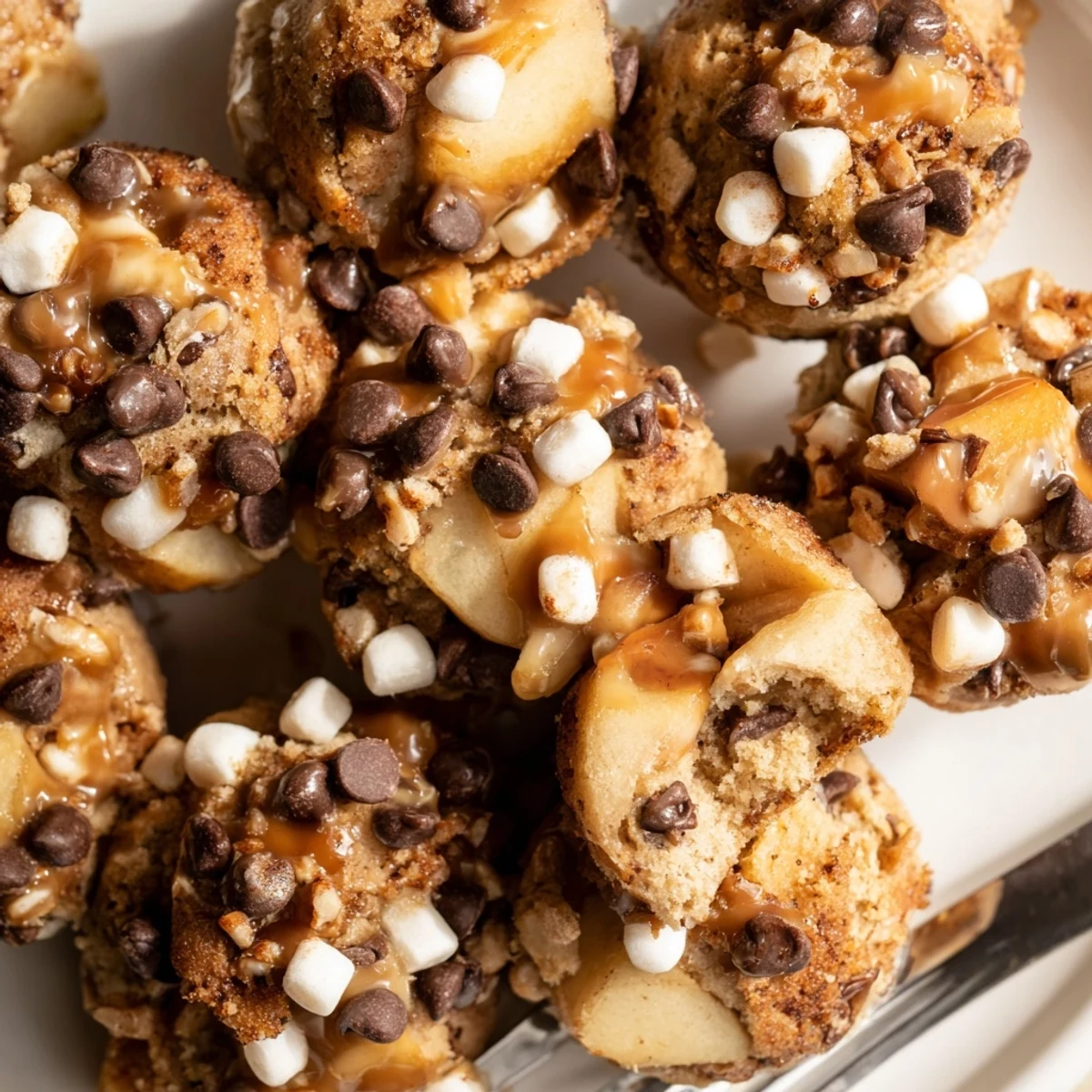 Delicious Smores Caramel Apple Cinnamon Pancake Muffin Balls drizzled with chocolate sauce.