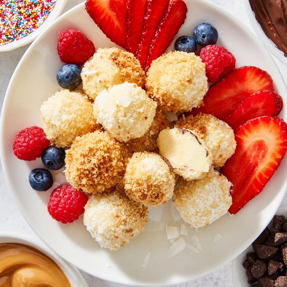 Decadent deconstructed dessert board showcasing creamy cheesecake bites and colorful toppings.  