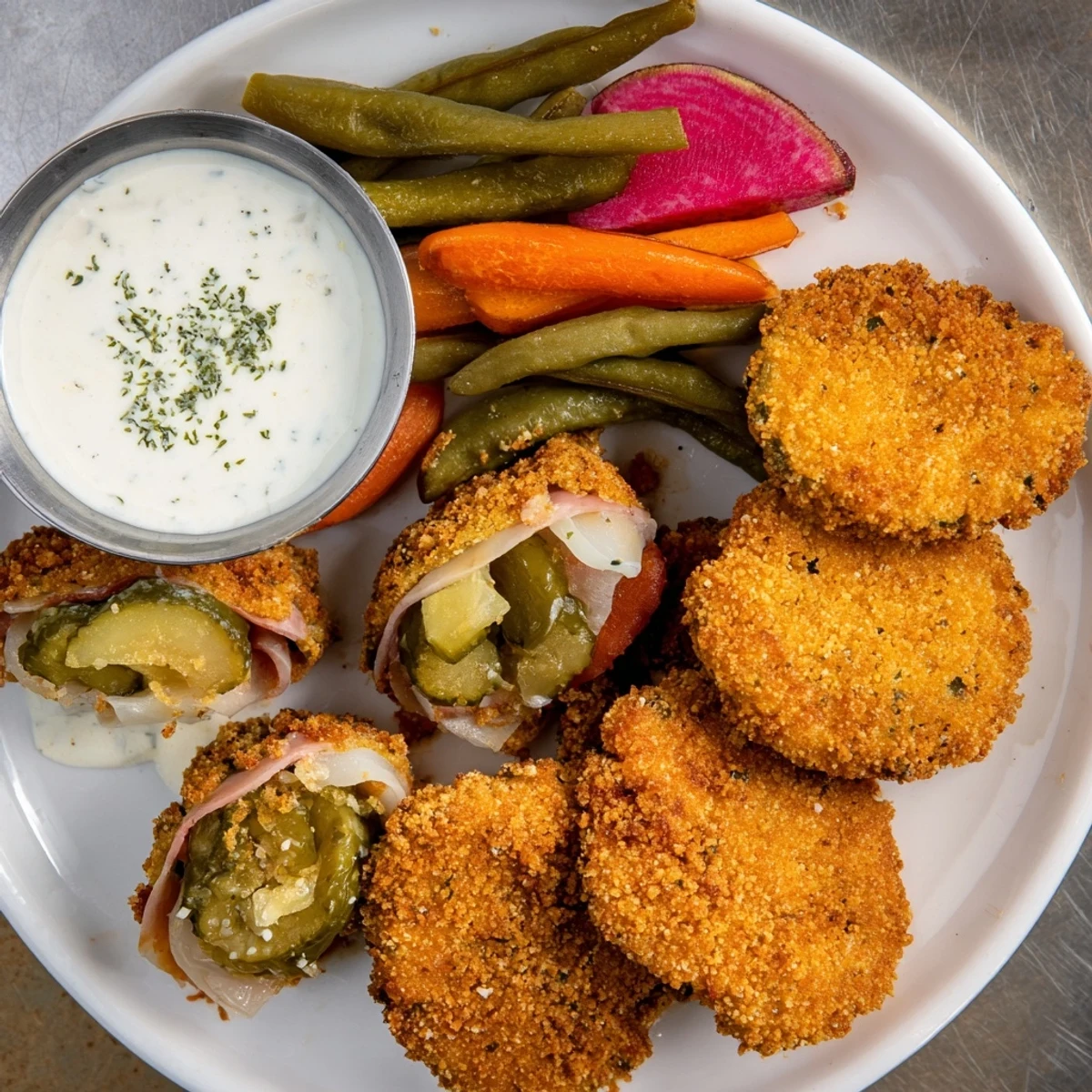 Tangy Pickle Lovers Meal with crispy fried pickles and colorful pickled vegetables.  