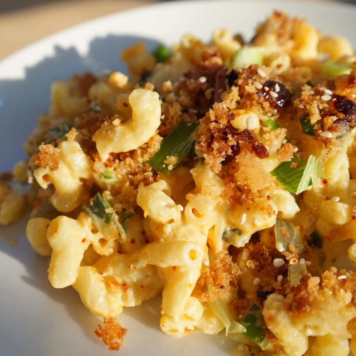 Creamy Spicy Kimchi Mac & Cheese topped with crunchy sesame for bold flavors.  