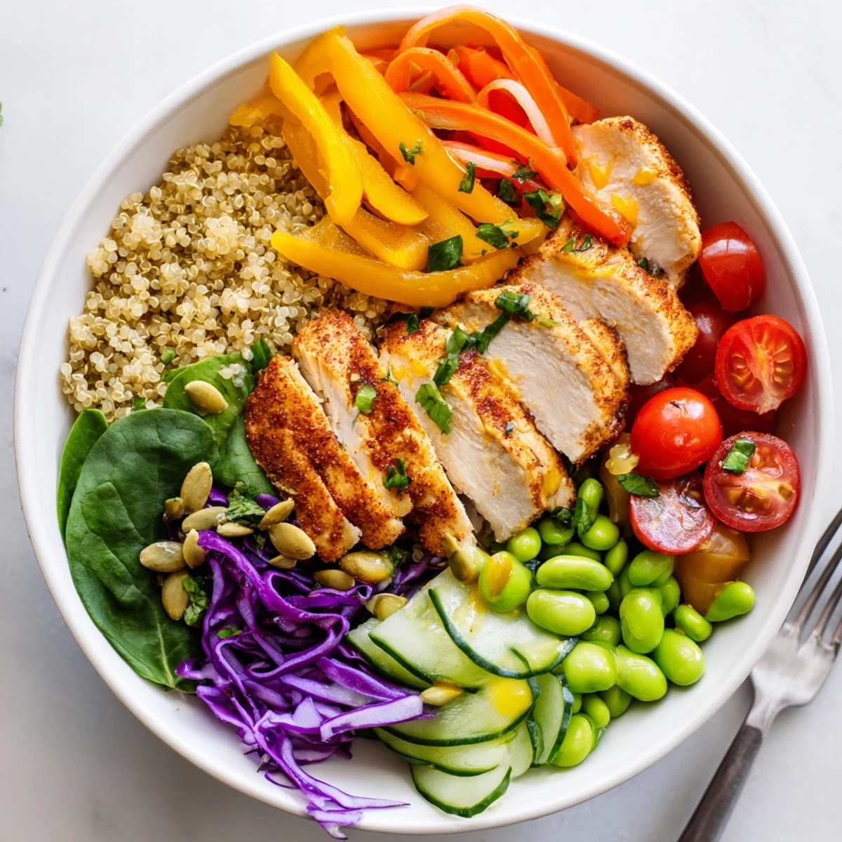 Nutrient-rich healthy meal-prep bowls layered with colorful ingredients and crunchy seeds.