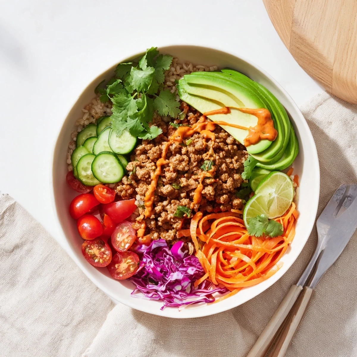 A colorful plant-based meat bowl topped with fresh vegetables and lime wedges.  