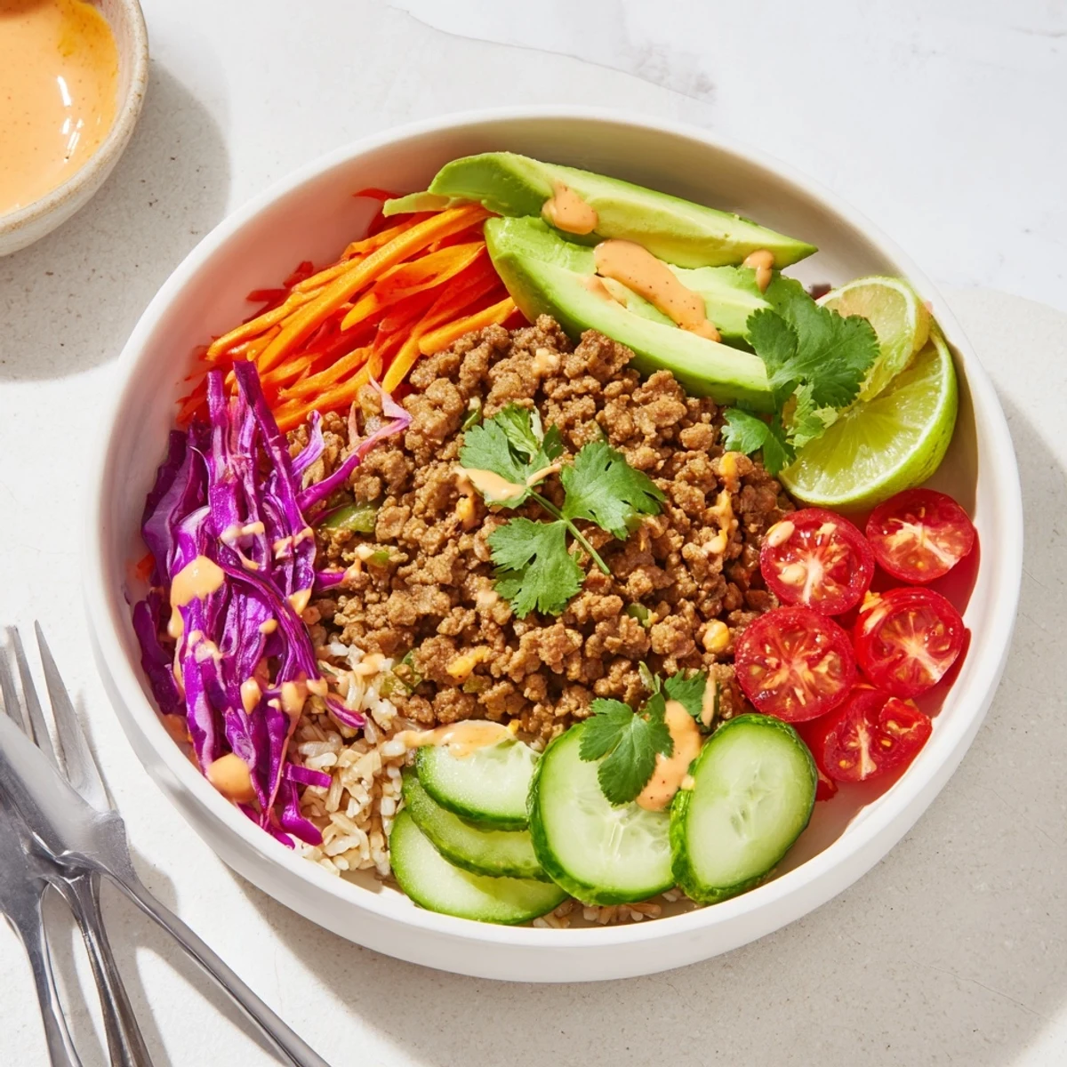 Vibrant plant-based meat bowl featuring quinoa, fresh toppings, and bold flavors.
