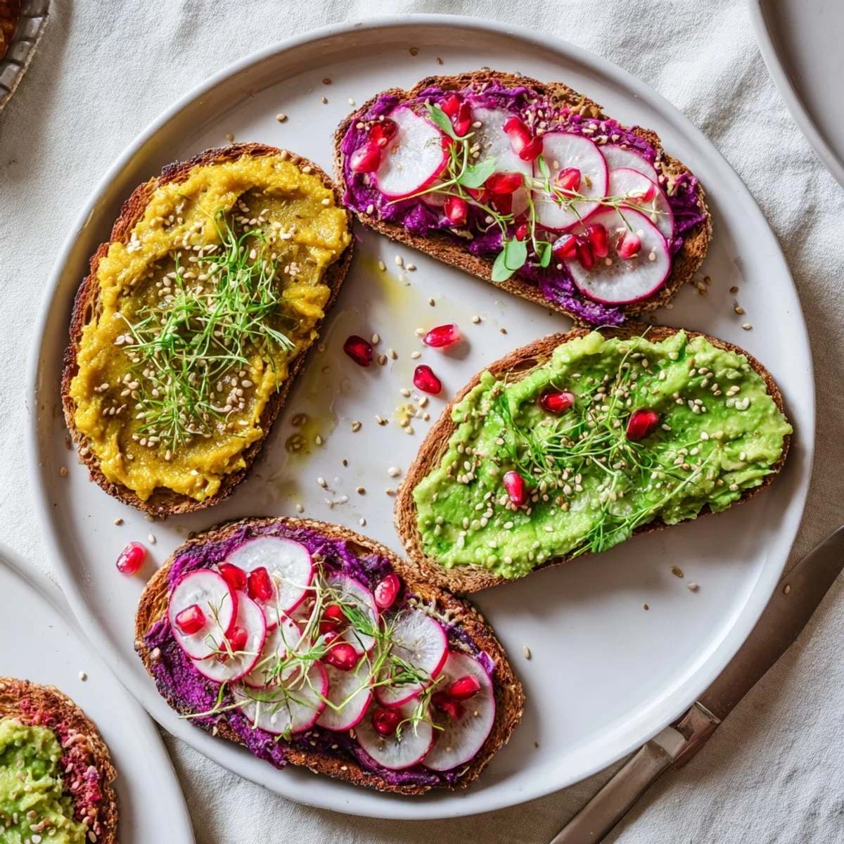 Vibrant breakfast toasts topped with ube spread, avocado, and fresh microgreens.  