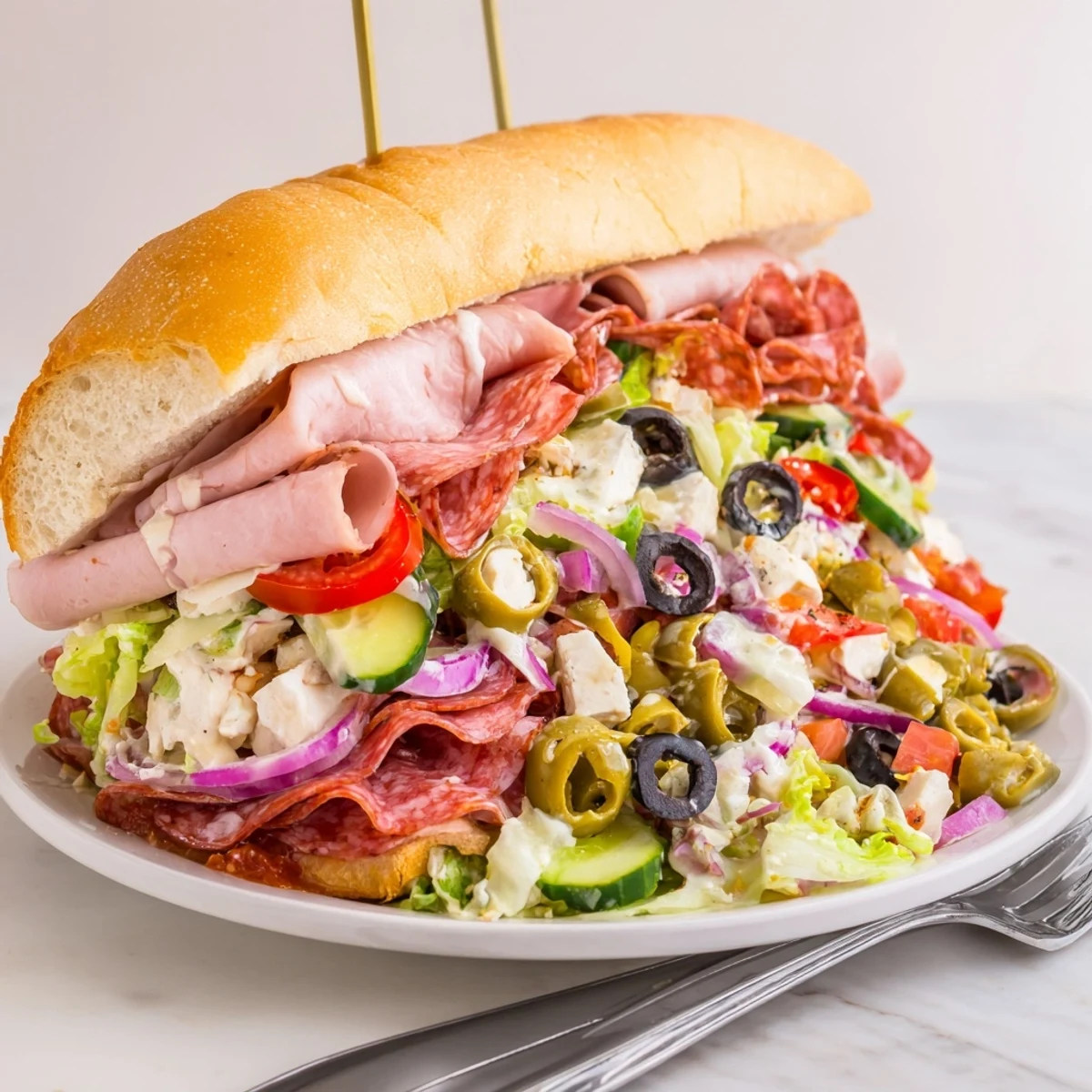 Colorful Flavor Mash-Up Sandwiches piled high with meats, cheese, and fresh veggies.  
