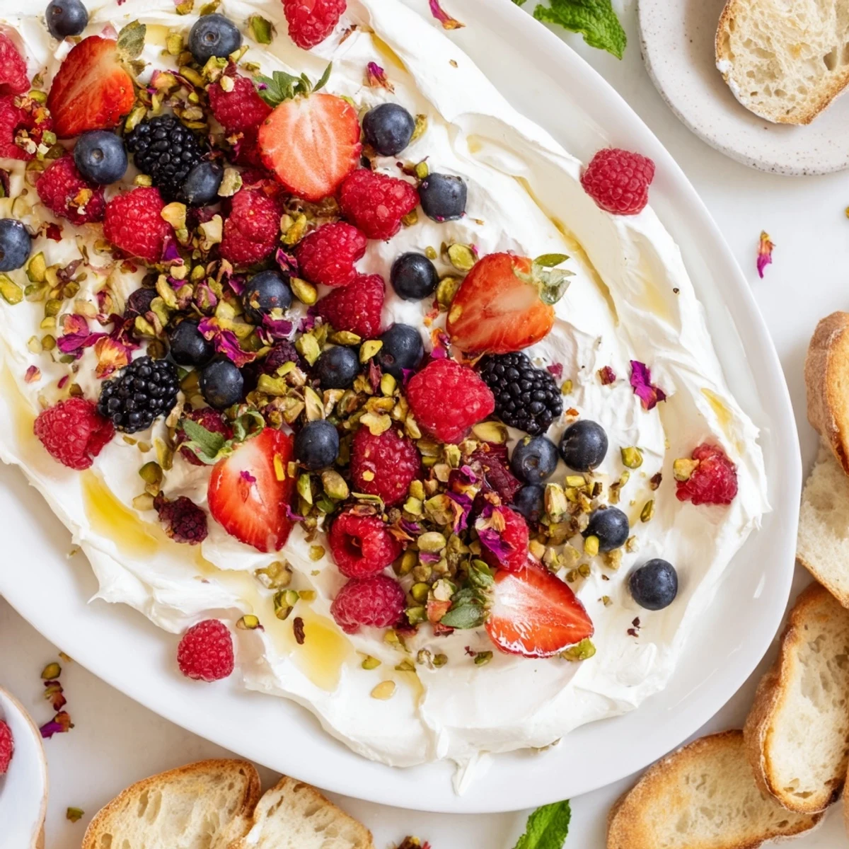 Shareable Butter Board Dessert Version served with toasted bread and drizzled honey.