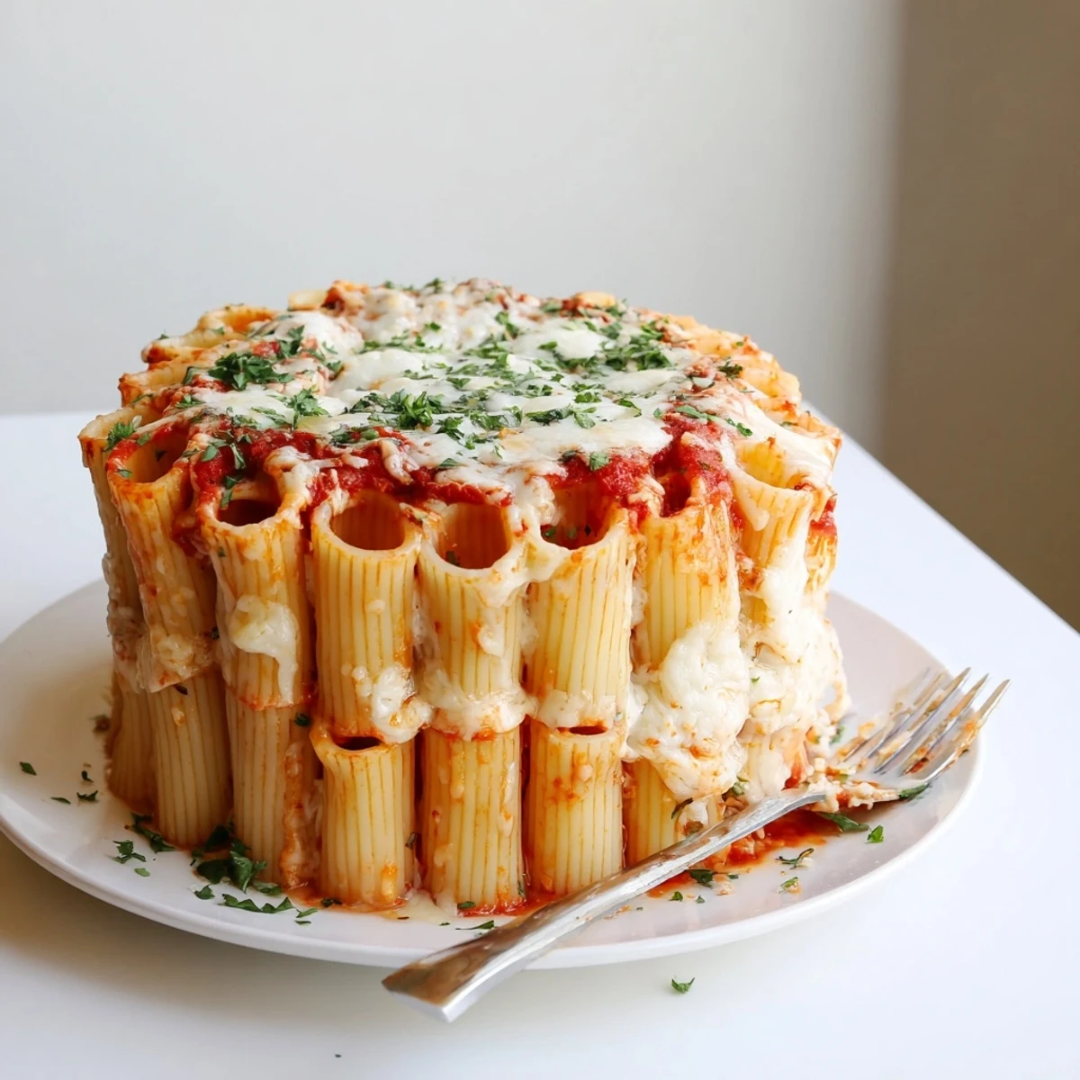 Vibrant Honeycomb Pasta Cake topped with gooey cheese and fresh parsley garnish.  