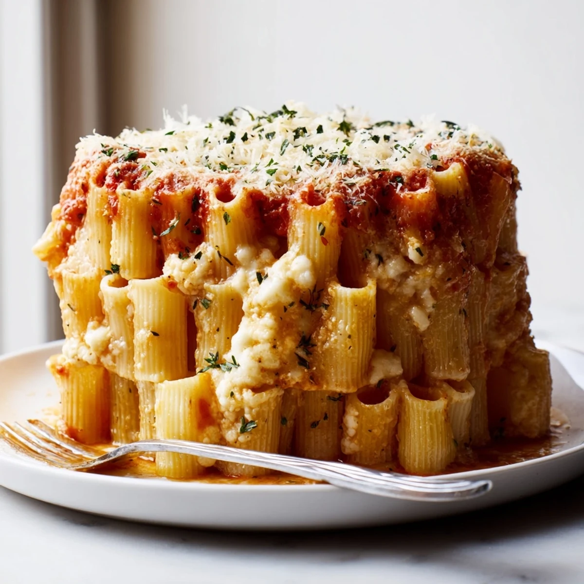 Stunning Honeycomb Pasta Cake showcasing upright rigatoni and bubbling mozzarella cheese.