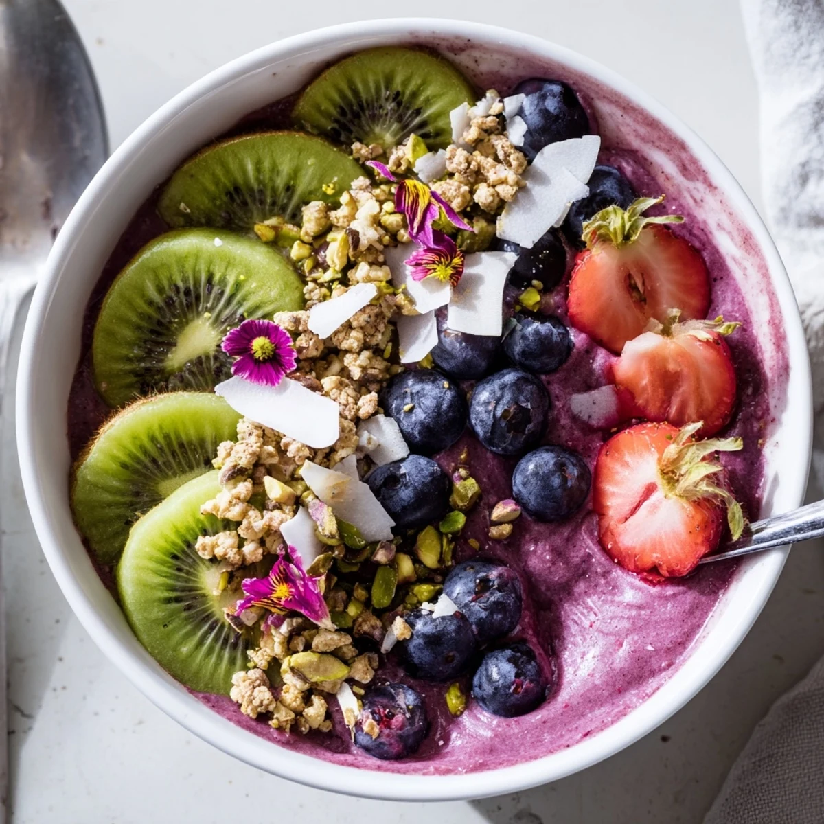 Colorful smoothie bowls featuring pistachio and berries for a delightful morning treat.  