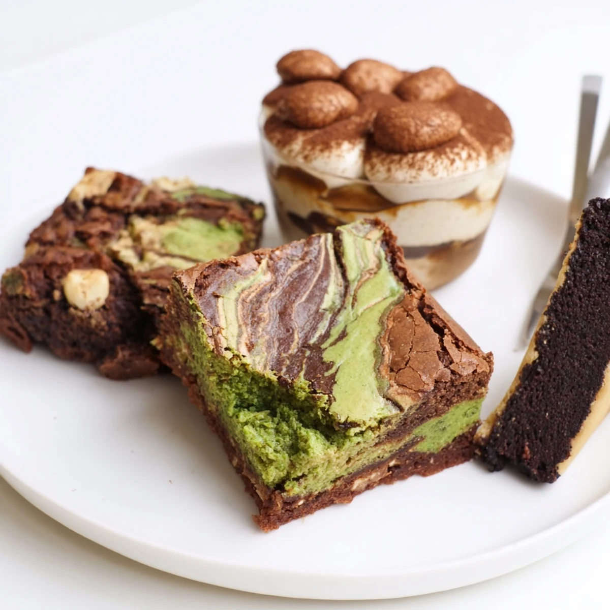 Decadent matcha-miso brownies topped with rich chocolate, perfect for dessert lovers.  