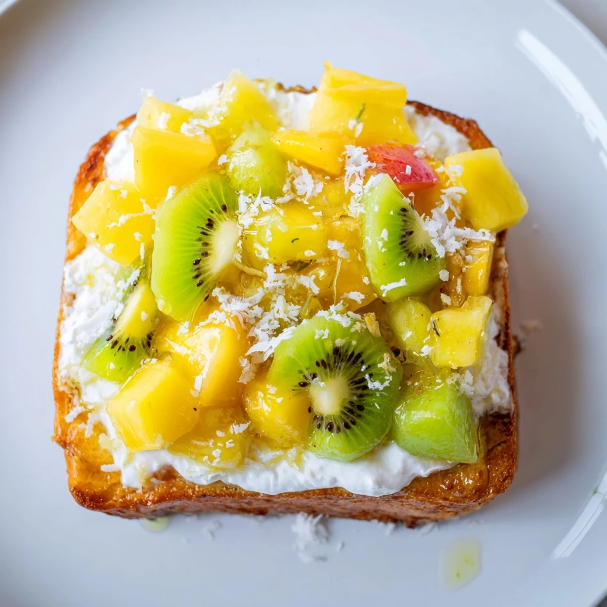 Indulgent yogurt-custard toast features coconut yogurt and fresh fruit medley for brunch delight.  