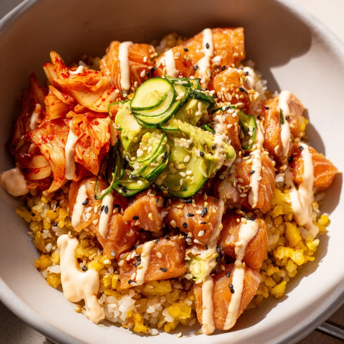 Crispy Salmon Rice Bowl topped with fresh avocado and spicy mayo, a delight.  
