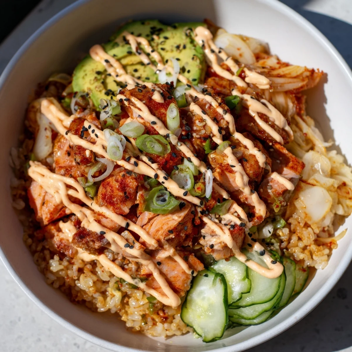 Delicious crispy salmon rice bowl, garnished with tangy kimchi and crunchy garlic.  