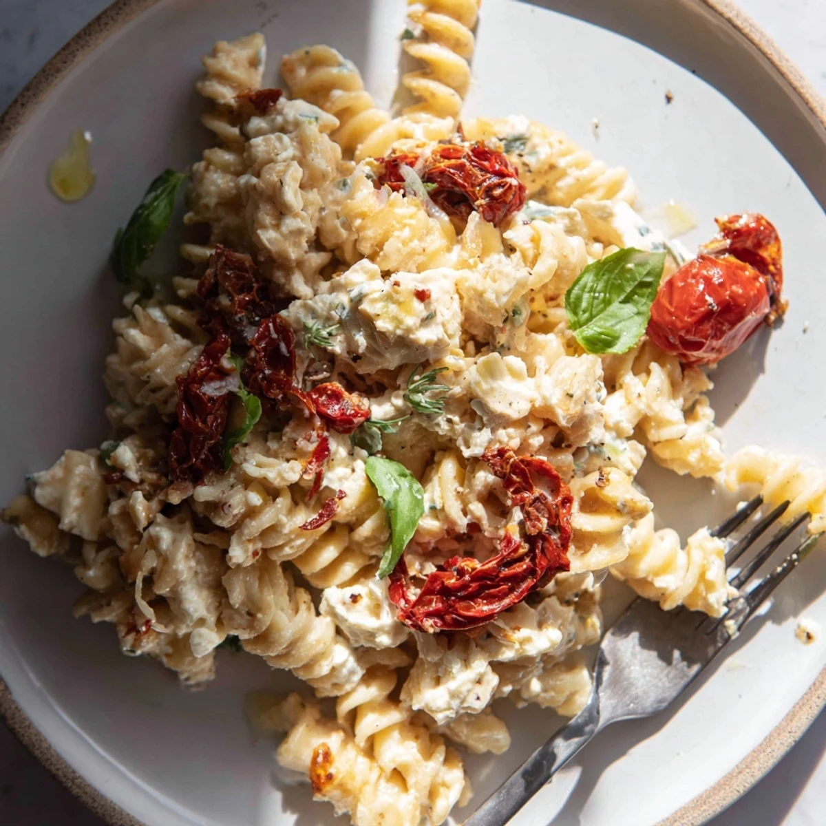 Deliciously cheesy Baked Feta Pasta drizzled with olive oil and fresh basil.  