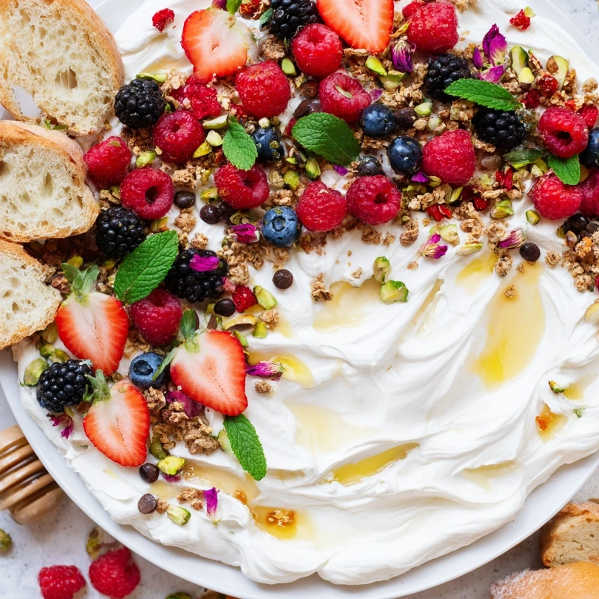 Delicious Butter Board Dessert Version topped with fresh berries and toasted nuts.  