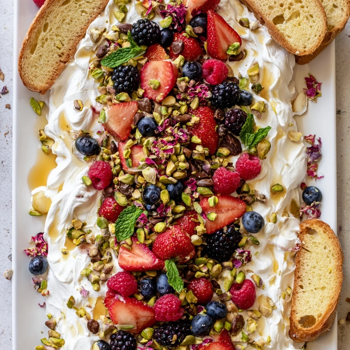 Elegant Butter Board Dessert with creamy texture, fresh fruits, and honey drizzle.