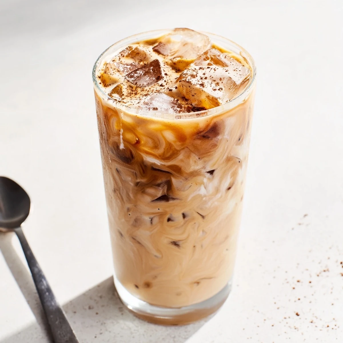 Indulge in a creamy Tahini Iced Coffee topped with vibrant plant-based milk.  