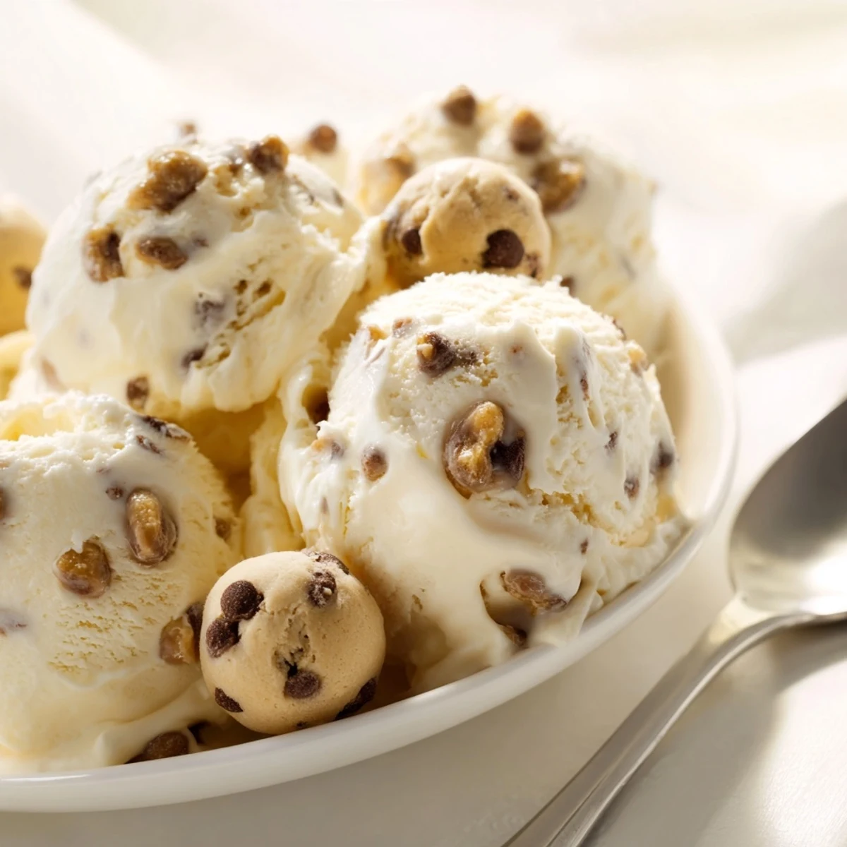 Indulge in homemade cottage cheese ice cream dotted with rich cookie dough pieces.