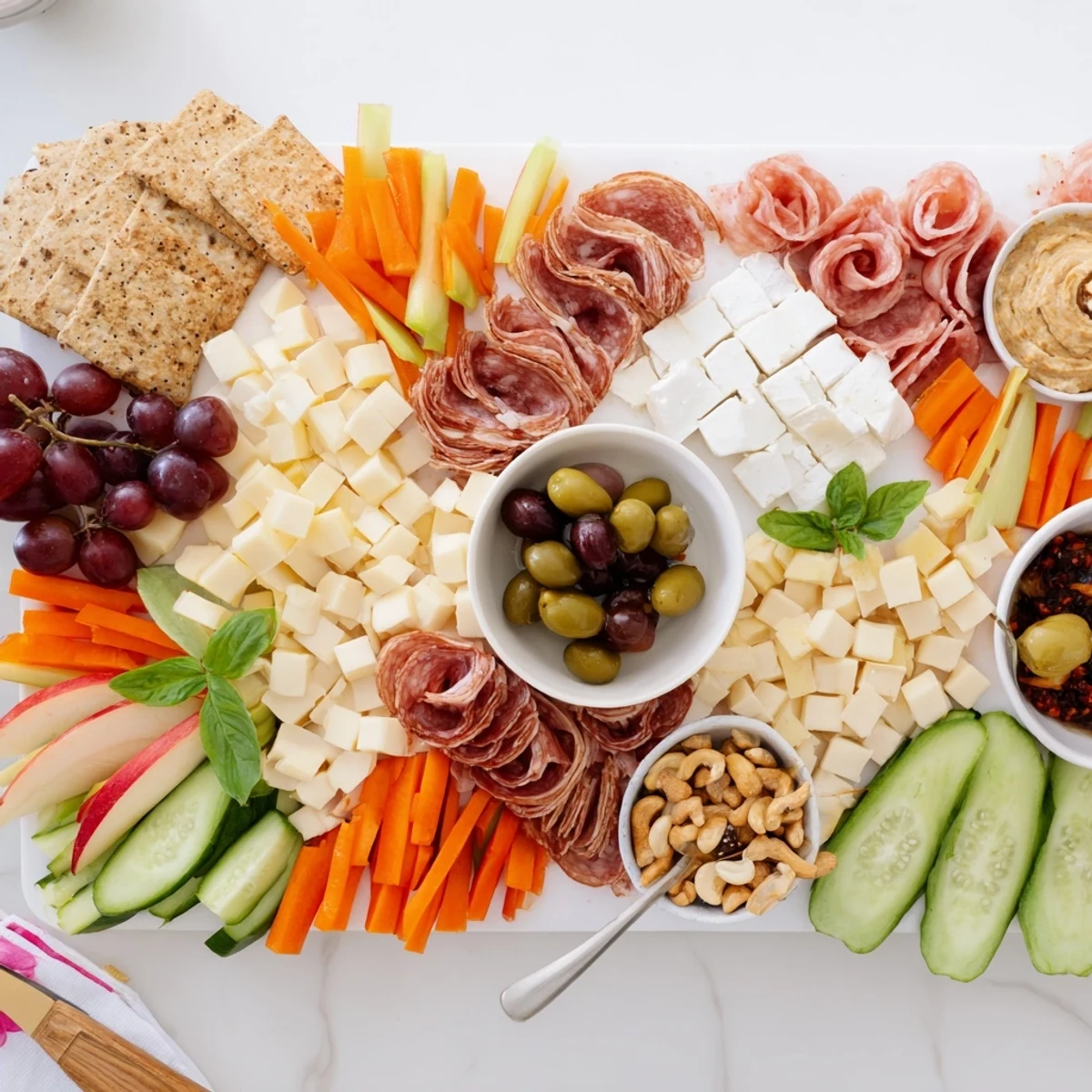 A colorful Girl Dinner Platter filled with cheeses, fruits, and crunchy snacks.  