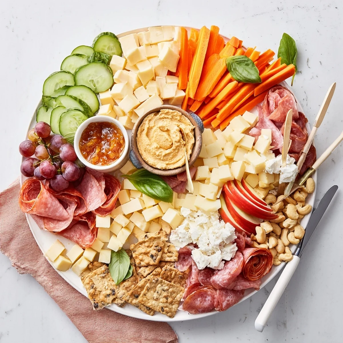 Delicious Girl Dinner Platter brimming with fruits, nuts, and a variety of dips.