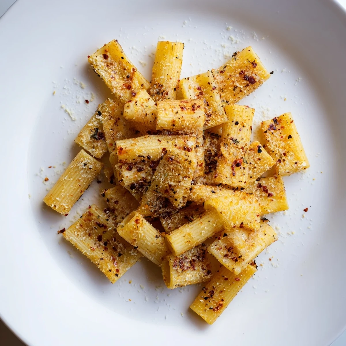 Golden baked pasta chips seasoned with garlic and smoked paprika, ideal for snacking.