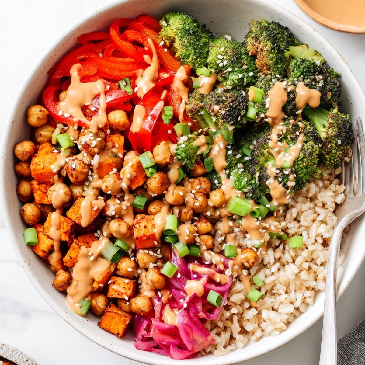 Colorful grain bowls featuring miso-butter and gochujang-maple sauces for flavor.  