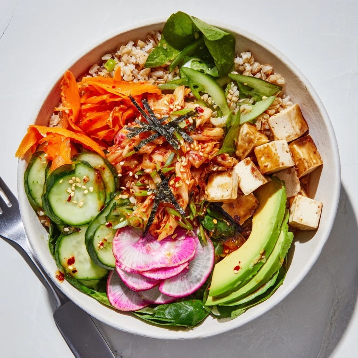 A vibrant Fermented Vegetable Bowl topped with tangy kimchi and fresh veggies.  
