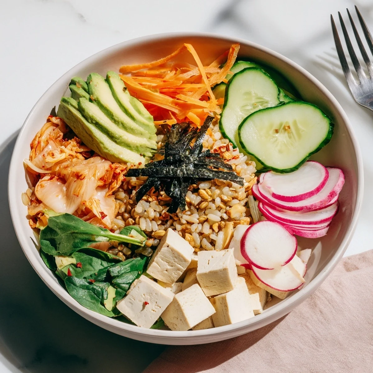 Nourishing Fermented Vegetable Bowl featuring kimchi, lush greens, and creamy avocado slices.