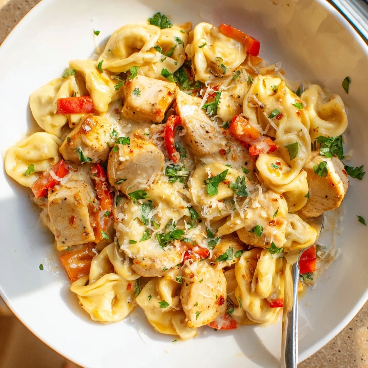 Zesty Cajun Garlic Parmesan Chicken Tortellini drizzled with creamy sauce and fresh parsley.  