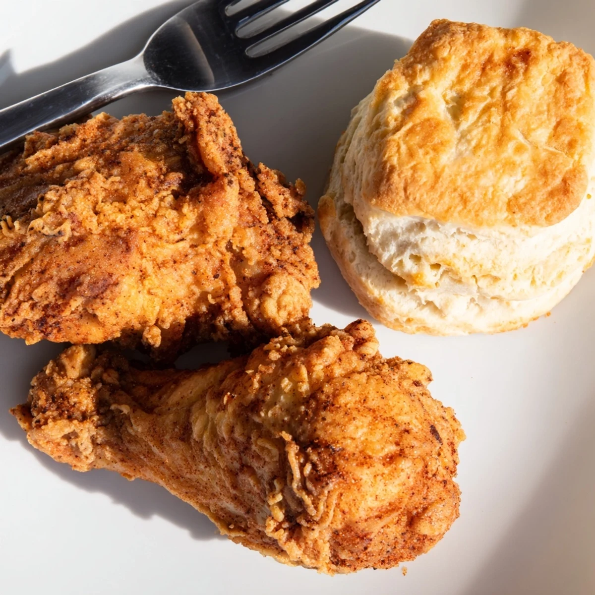 Crispy Southern fried chicken served alongside fluffy buttermilk biscuits for comfort.