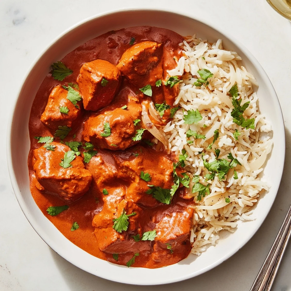 Delicious Butter Chicken garnished with cilantro, alongside aromatic basmati rice pilaf.  