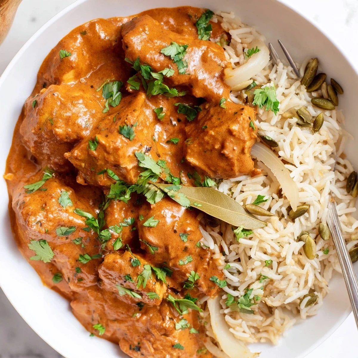 Succulent Butter Chicken simmered in creamy tomato sauce, served with fluffy rice pilaf.  