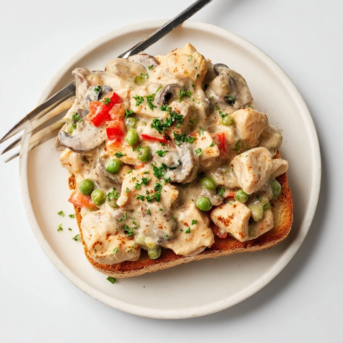 Creamy Chicken à la King served over warm, buttery toast, ideal for dinner.   