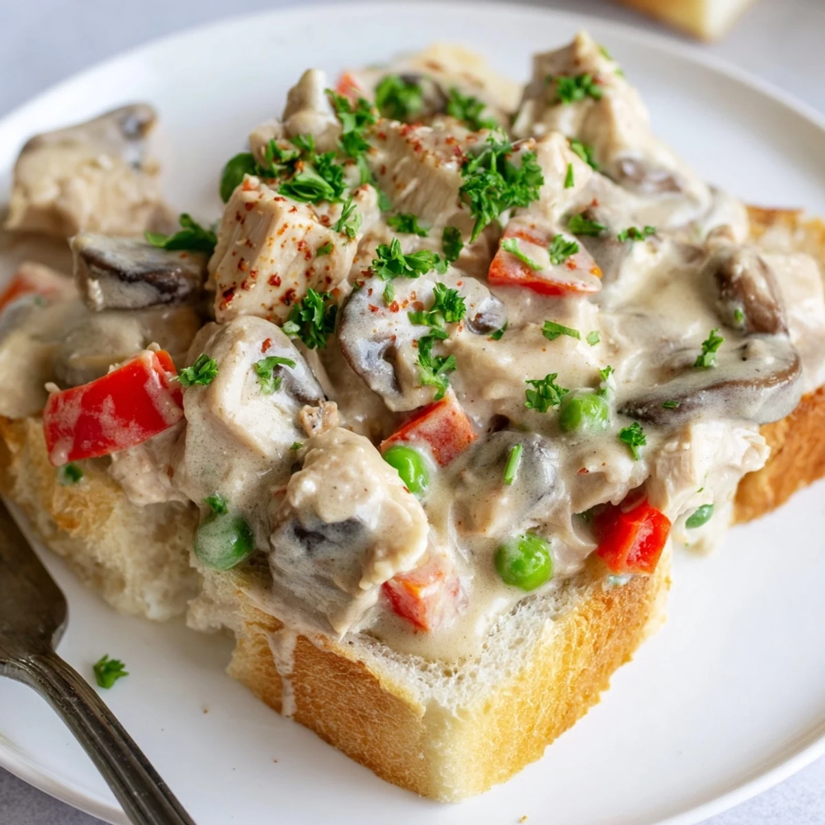 Comforting Chicken à la King with mushrooms and peppers, perfect for a cozy meal.