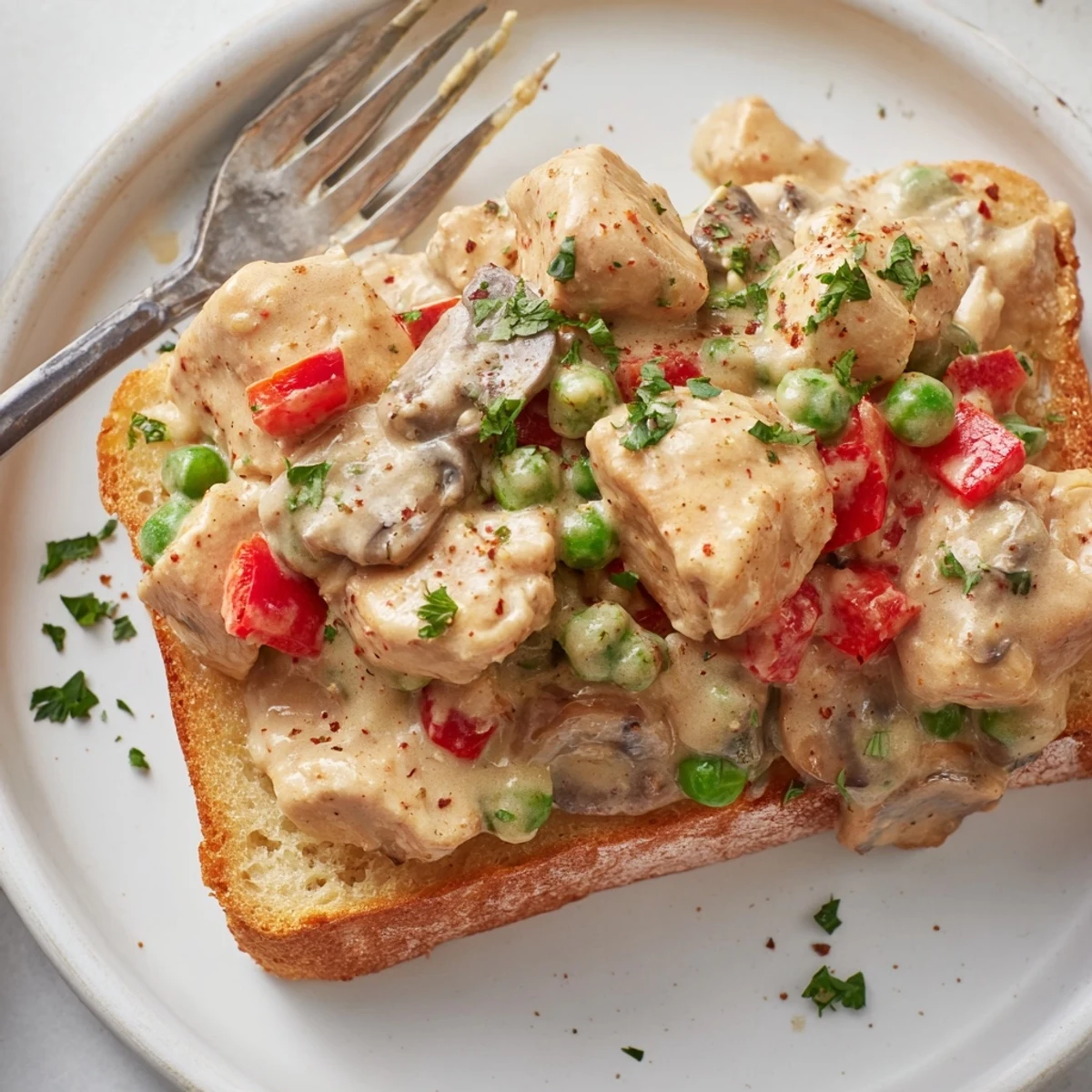 Delicious Chicken à la King, featuring vibrant veggies atop toasted bread slices.  