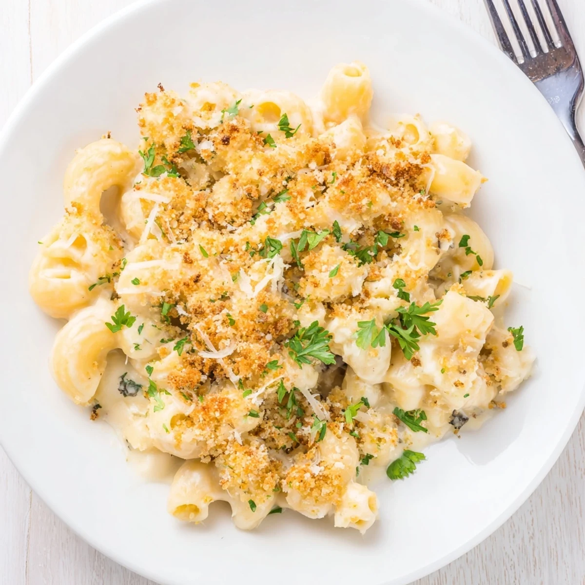 Decadent Truffle Macaroni & Cheese topped with golden-brown panko breadcrumbs, bubbling delightfully.  