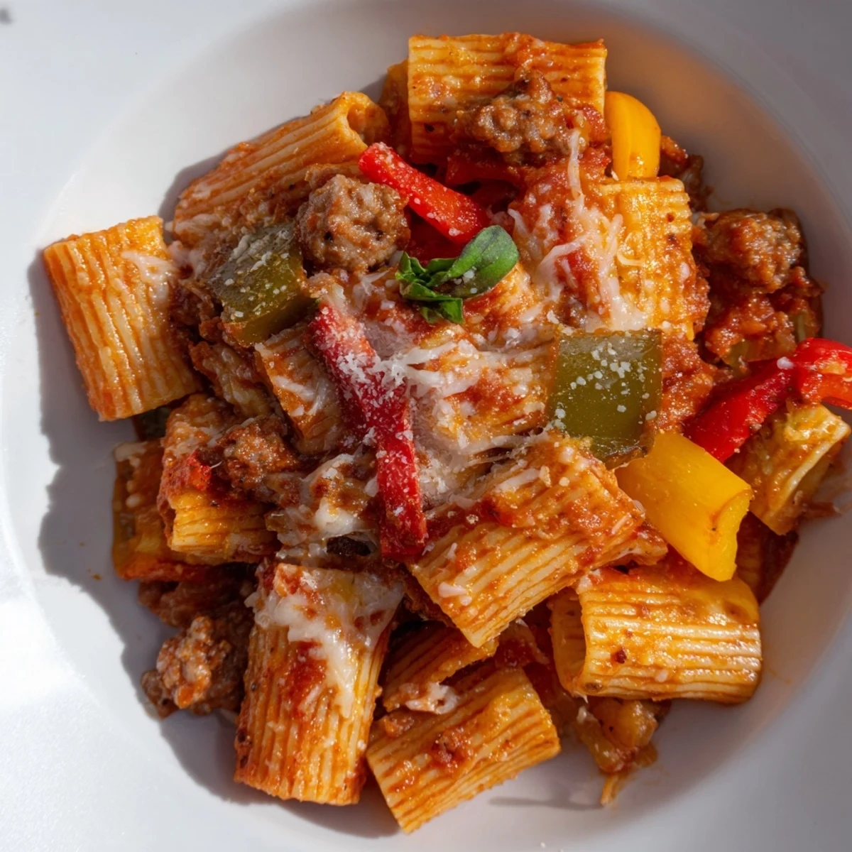 Baked rigatoni with sausage & peppers topped with gooey melted cheese and herbs.  