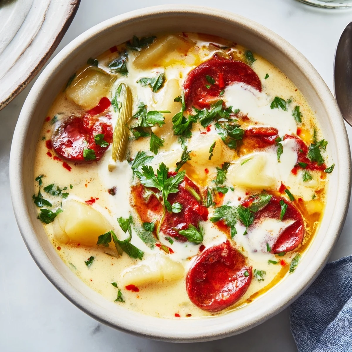 Hearty Potato, Leek & Chorizo Soup garnished with fresh parsley and served with crusty bread.  