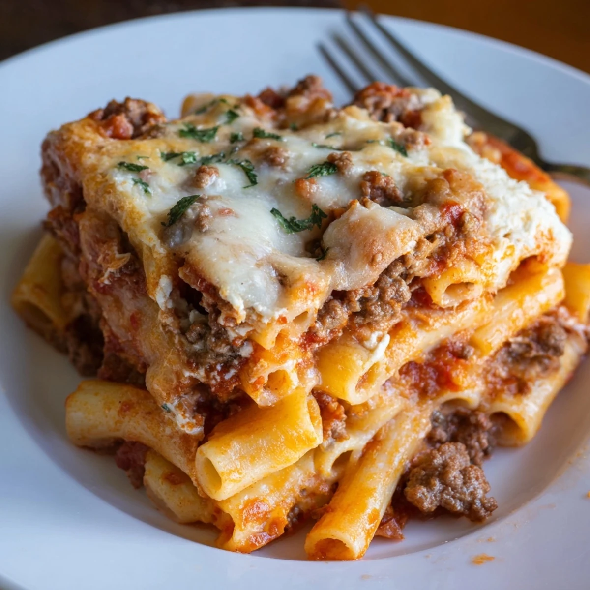 Close-up of Baked Ziti with Meat Sauce, showcasing rich layers of cheese and savory meat.  