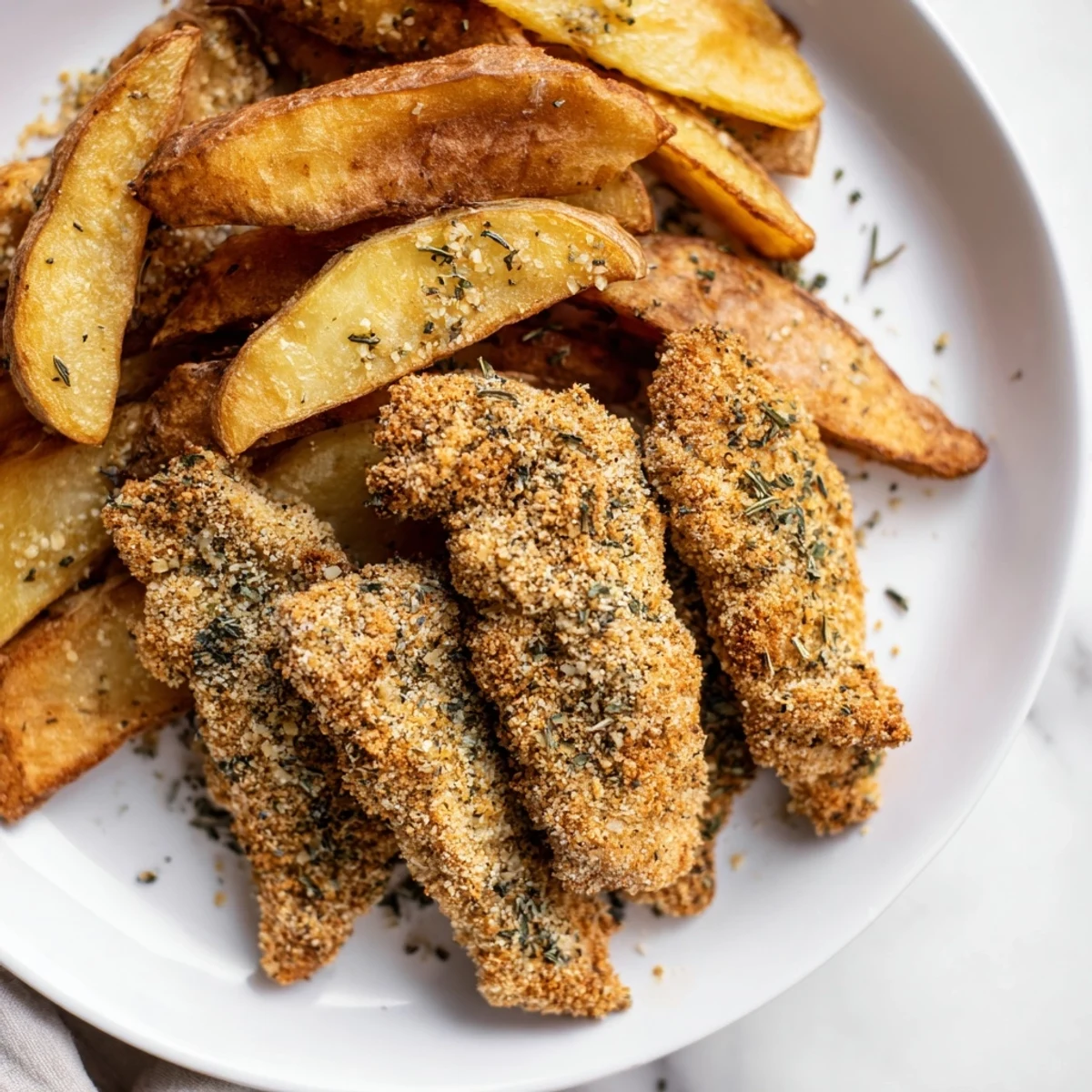 A plate of freshly cooked herbed chicken tenders beside golden potato wedges, ready to be enjoyed.