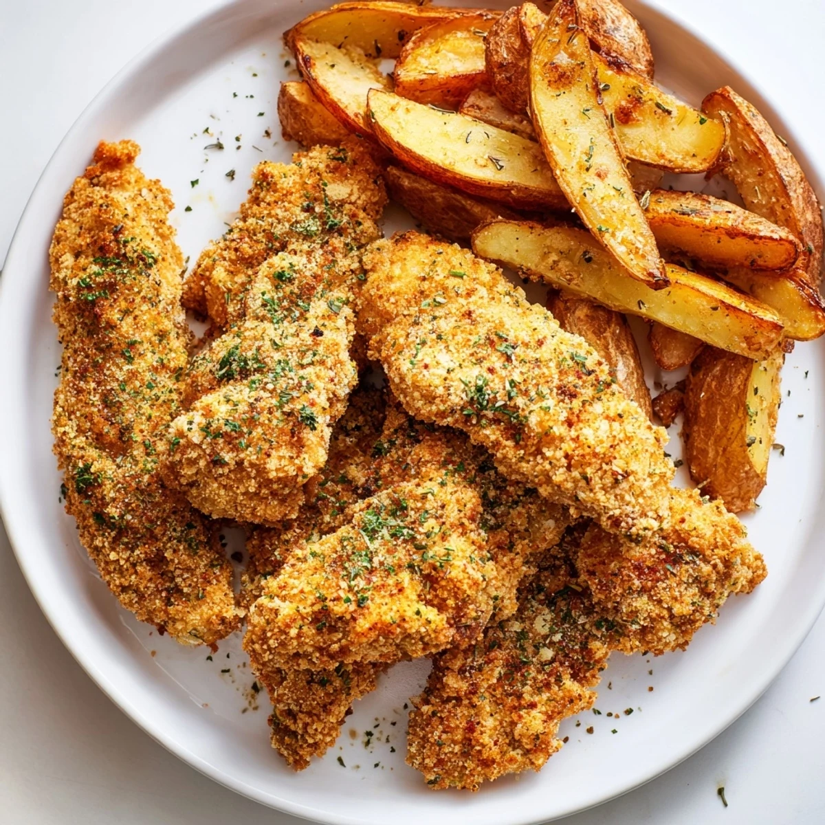 Imagine the aroma: succulent herbed chicken tenders paired with perfectly seasoned, baked potato wedges.
