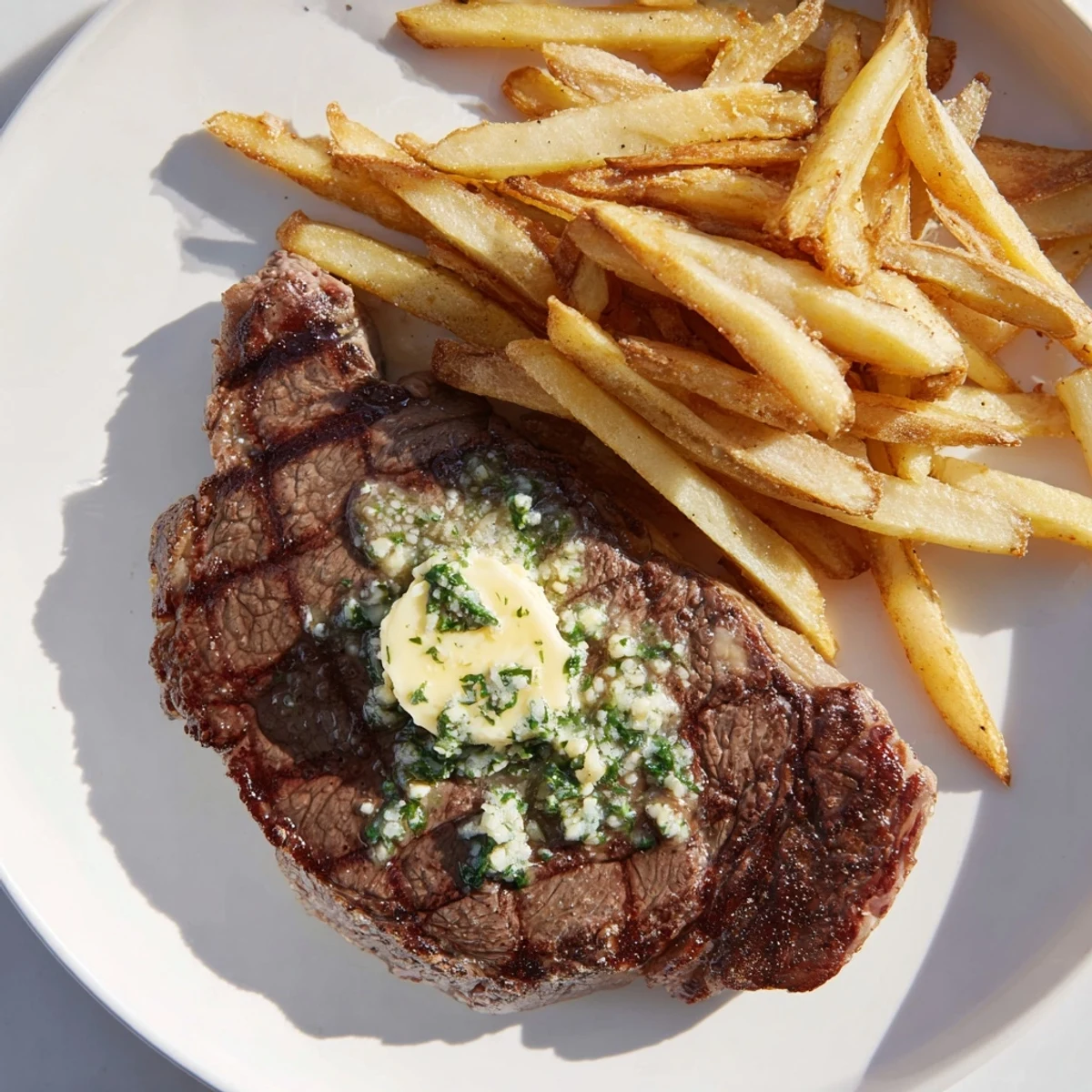 Juicy Steakhouse Garlic Butter Steak & Fries, with glistening garlic butter melting over a perfectly cooked steak.