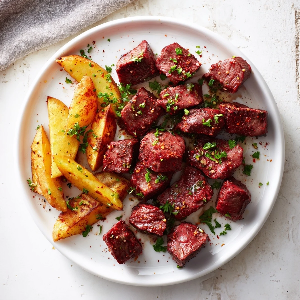 Blackened Cajun steak bites with perfectly golden fries, a flavorful main course perfect for sharing.