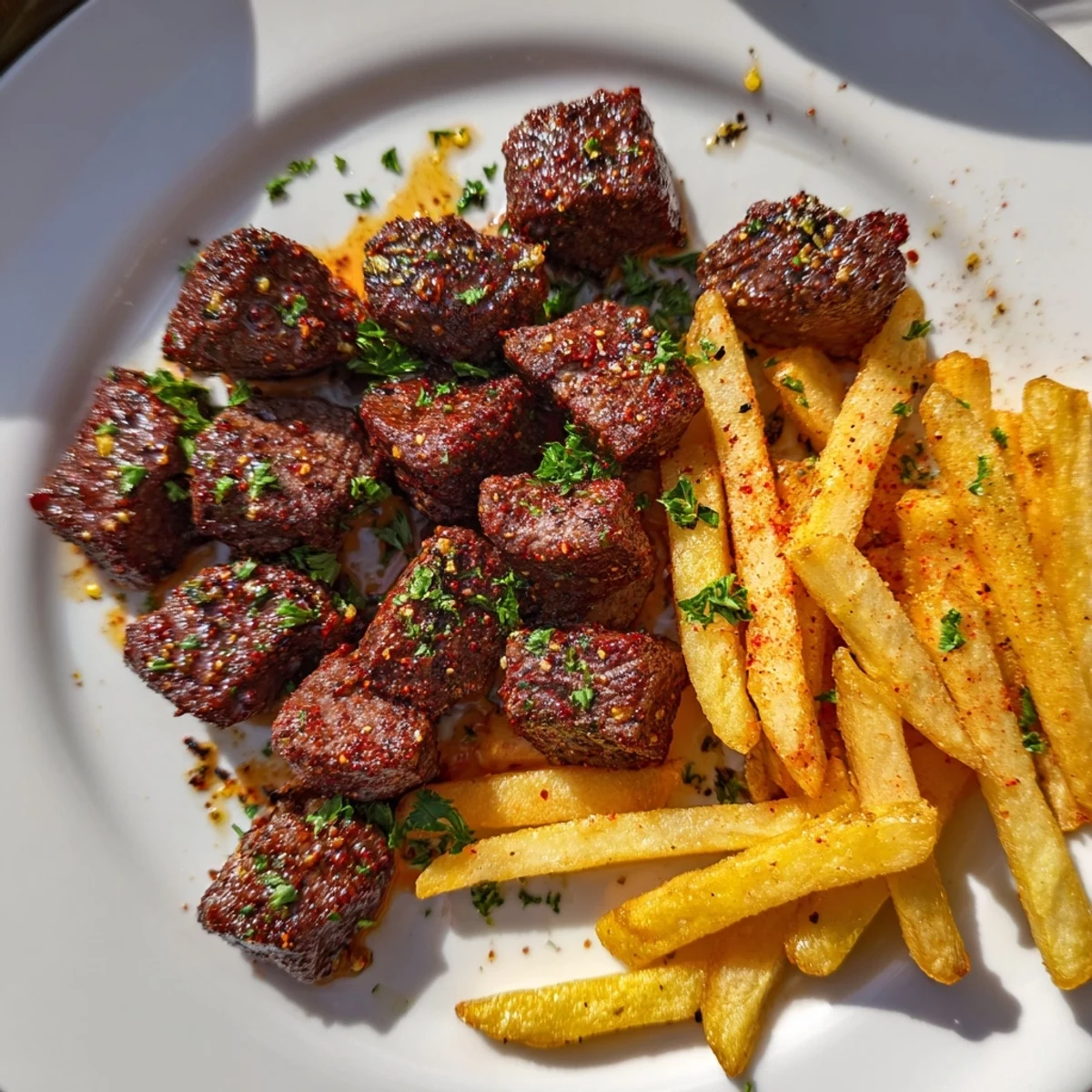 Sizzling Blackened Cajun steak bites with crispy fries, garnished with fresh parsley for a tasty meal.