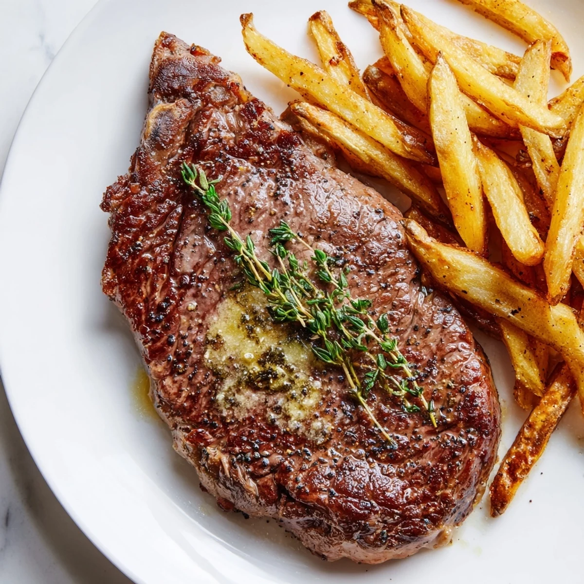 Sizzling Classic Peppercorn Ribeye, seared to a delicious crust, served alongside golden, crispy fries.