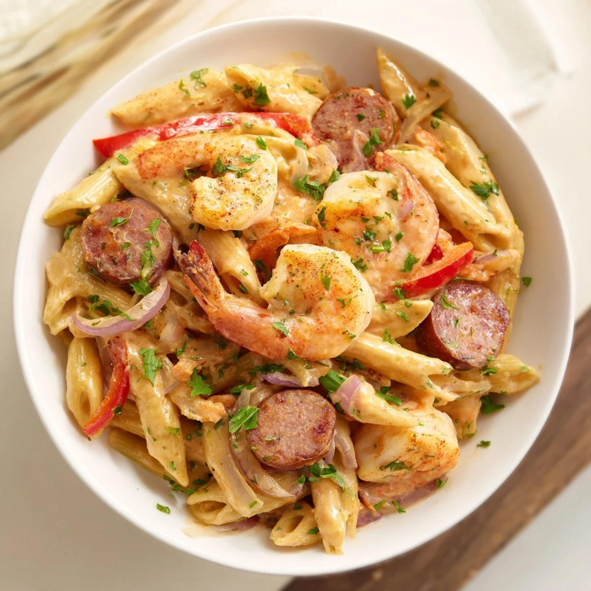 Cajun Sausage & Shrimp Alfredo Pasta Skillet sizzling in a skillet, showcasing shrimp and pasta.