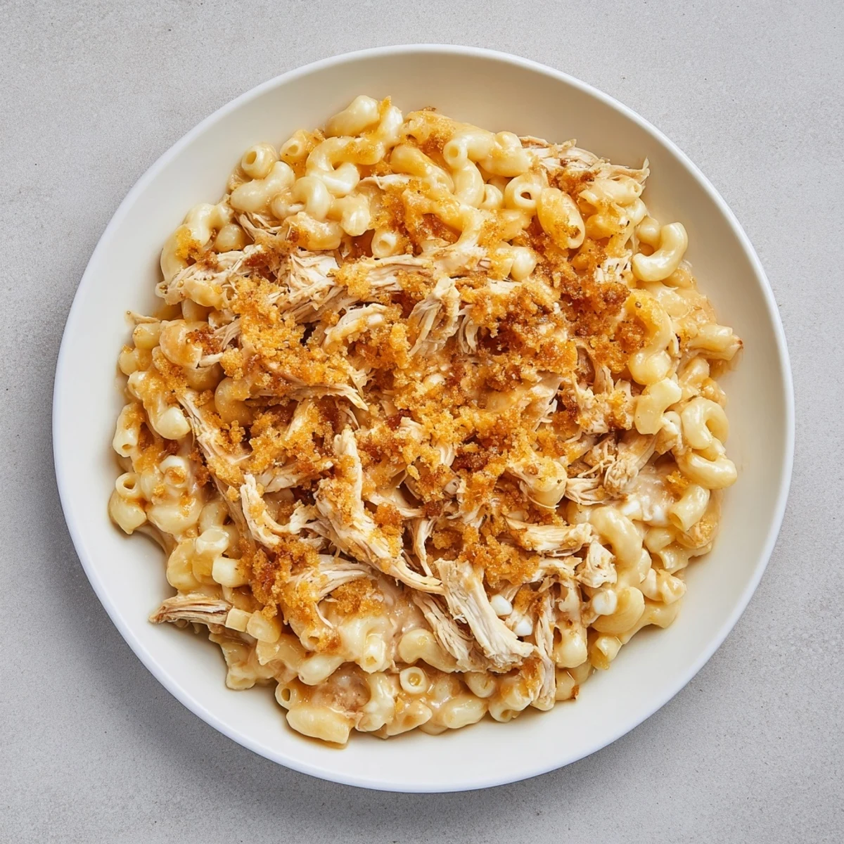 Bubbling, golden-brown Classic Mac & Cheese with BBQ Chicken, a family favorite meal with juicy chicken.
