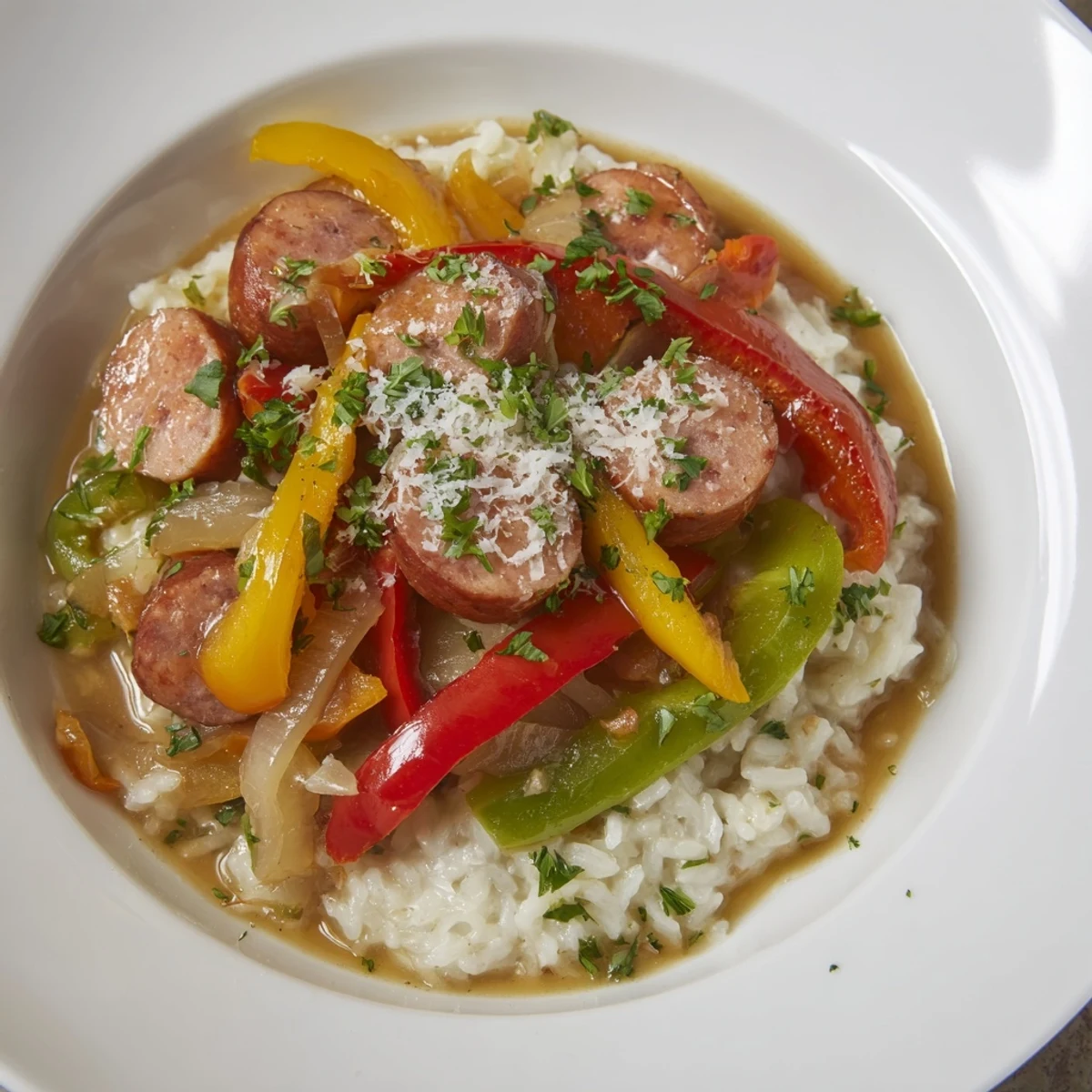 Italian Sausage & Peppers Rice Plate, a colorful and savory one-pan meal, ready to serve and enjoy.